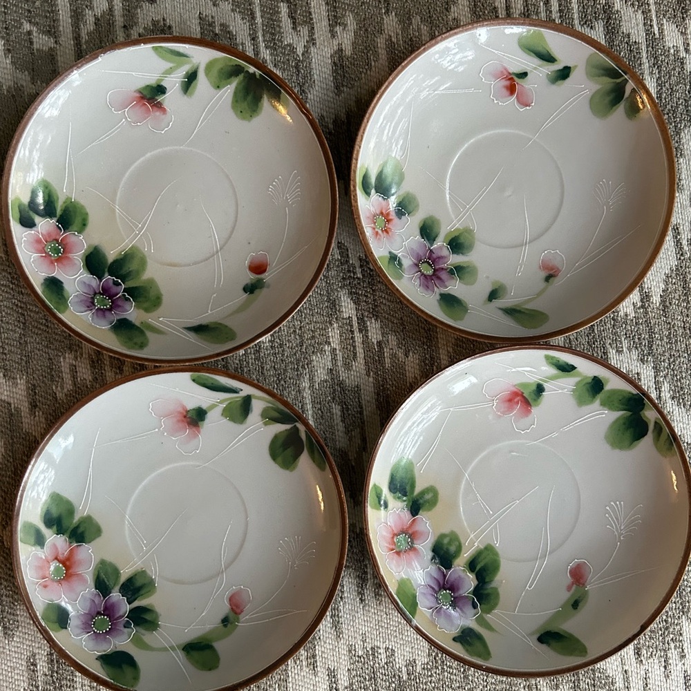 Vintage 14cm Nippon Hand Painted Tea Saucer Plate Floral - Set Of 4 - Japan